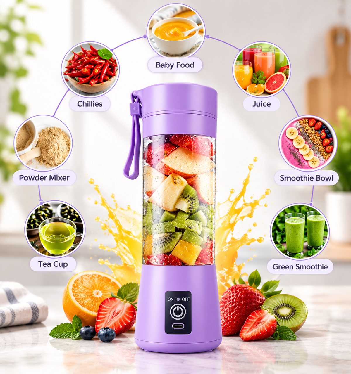 Portable USB Rechargeable Mini Juicer Blender – 6 Blade Personal Blender for Juice & Smoothies