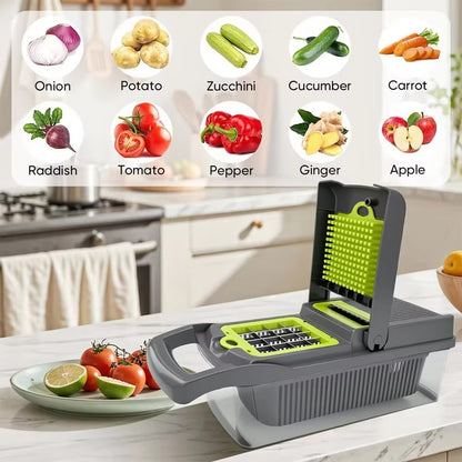 Vegetable Chopper 16 Pcs Set – Manual Onion Chopper, Food Slicer, Dicer, Grater & Potato Cutter with Handle