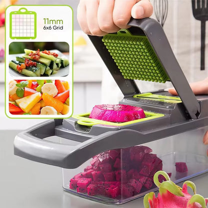 Vegetable Chopper 16 Pcs Set – Manual Onion Chopper, Food Slicer, Dicer, Grater & Potato Cutter with Handle